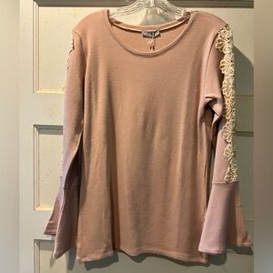 NWT! Milan KISS blush sweater, tunic length, lace embellished bell sleeves XL